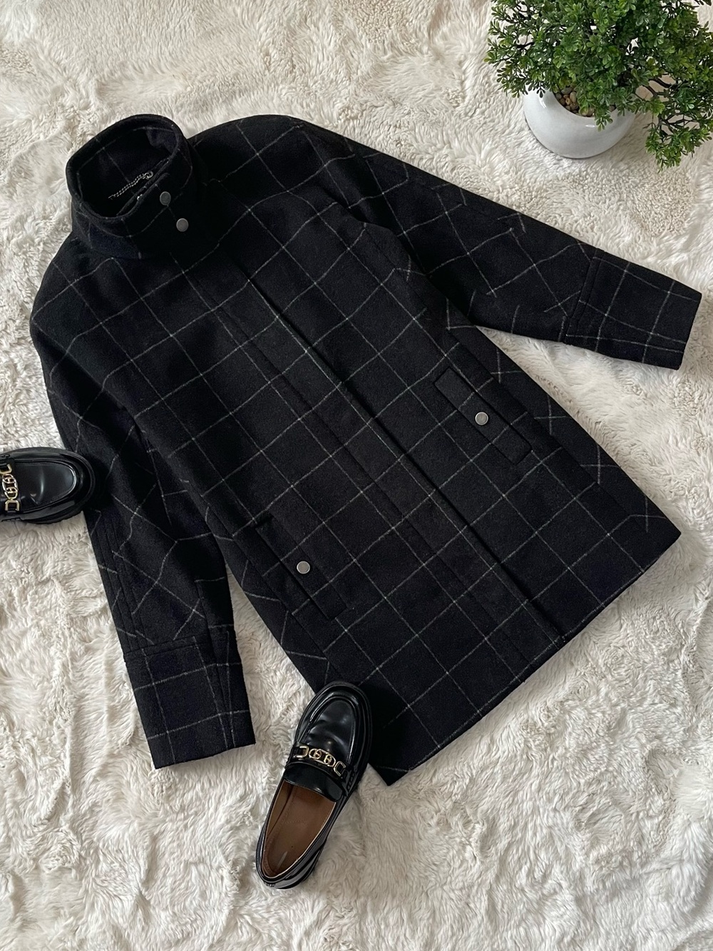 Lucky Brand Charcoal Gray Grid Plaid Funnel Neck Coat S